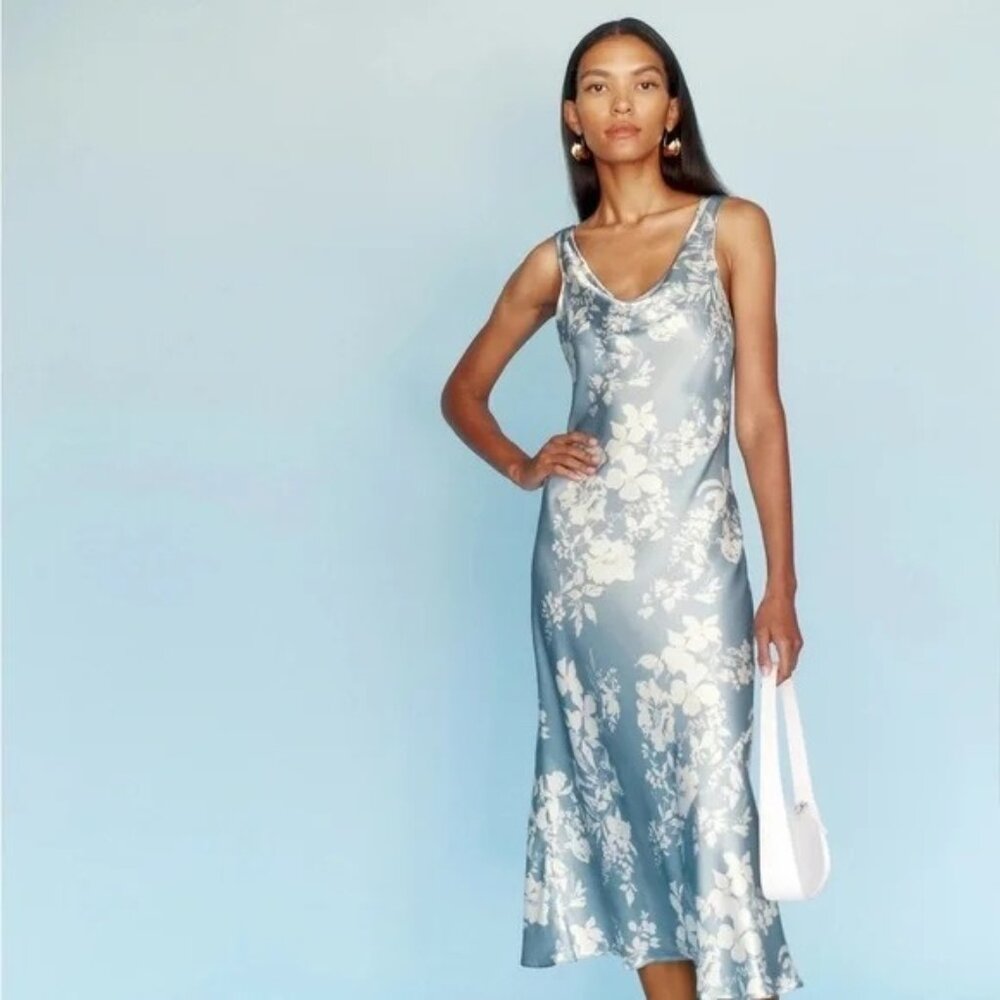 Reformation Blue-Silver Floral Cowl Satin Midi Dress